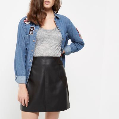Petite black panel leather look mini skirt